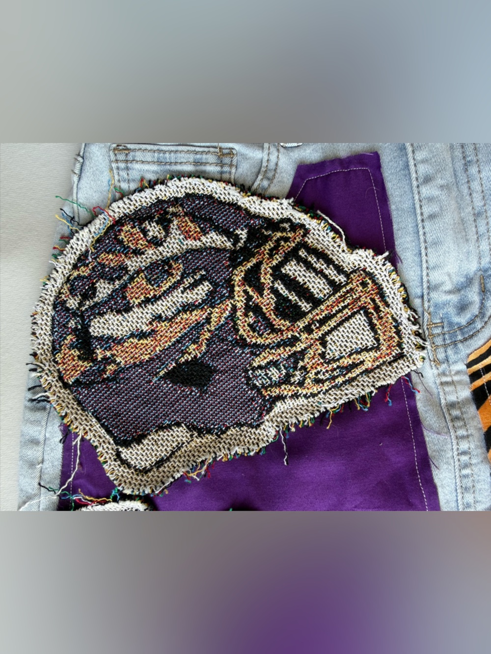 Handmade LSU Tigers Patchwork Game-day Denim Mini Skirt School Spirit Size 26 - Picture 4 of 6